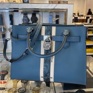 MICHAEL KORS Hamilton Med Leather and Snake Embossed Stripe Satchel
Cornflower